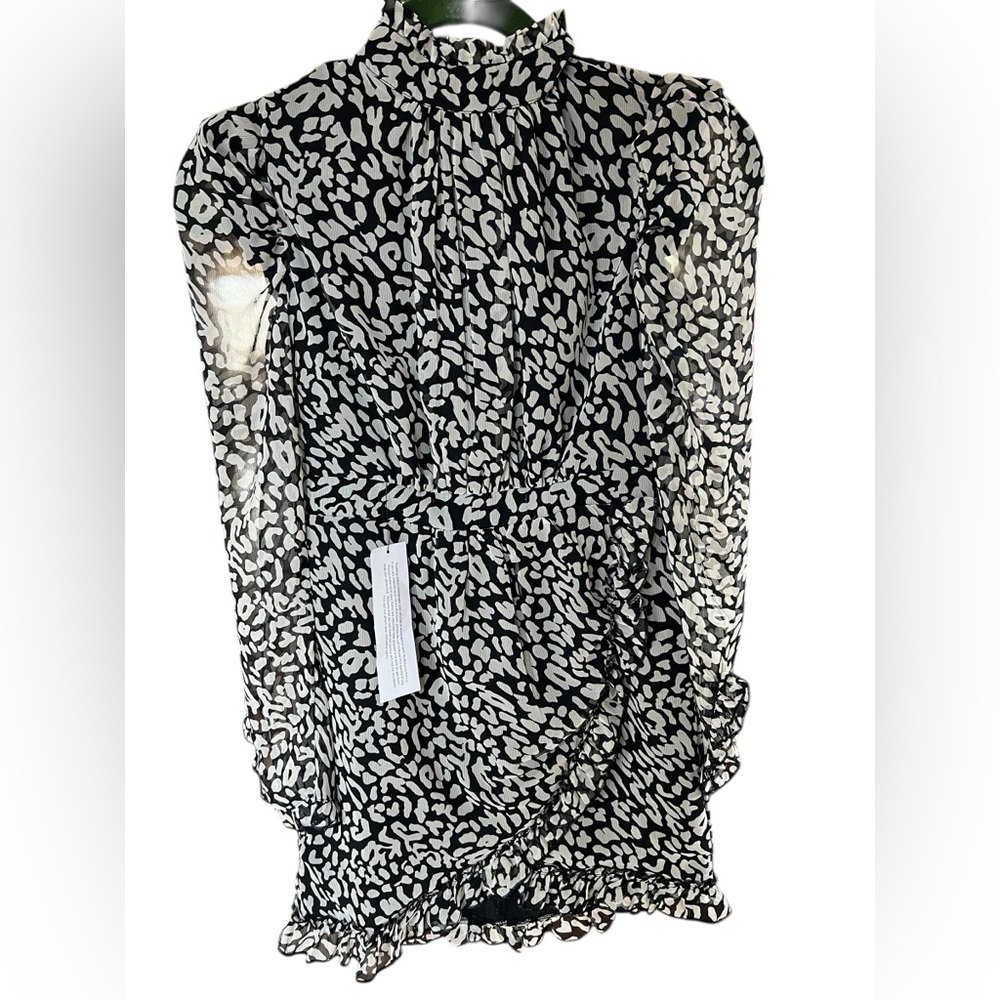 Topshop Black Cream Abstract Print Ruffle Wrap Mini Dress Petite US 2 NWT - Picture 2 of 10